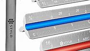 Stylo 12" Aluminum Architect Scale Ruler Laser Etched Triangle Drafting Ruler with Color Coded Grooves for Blueprint, Drafting and Drawing - Imperial Architectural Scale Ruler for Blueprints