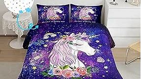 Unicorn Gifts for Girls,Kawaii Comforter Set Glitter Galaxy Bedding Set for Kids Toddler,Cartoon Magical Animal Duvet Insert Cute Horse Quilt Twin,Purple Unicorn Room Decor for Girls Bedroom