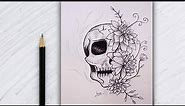 Beautiful Skull Drawing // How to draw beautiful Skull design with flowers