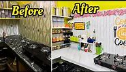 Indian Non Modular Kitchen Makeover|Kitchen Makeover with wallpapers|DIY countertop organisation