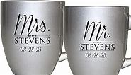 Set of 2 Personalized Mr. and Mrs. Coffee Latte 16oz Mugs for Couple - Custom Engraved Mug Gift for Bride, Groom His, Hers, Husband, Wife (Silver)