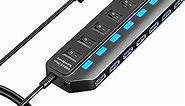 USB Hub 3.0, 7 Port USB Hub Splitter with Individual On/Off LED Switches, 5Gbps HighSpeed Data USB Extension for Laptop, iMac, USB Flash Drives, Mobile HDD, Printer, Camera and More