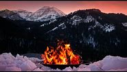 Live - Scenic Winter Sunset Campfire with Snowy Mountain Views and Crackling Sounds