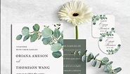 Our Eucalyptus Bliss wedding invitation card and stationery set feature delicate eucalyptus leaves.