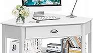 Tangkula White Corner Desk with Drawer, Storage Shelves for Computer, Makeup Vanity Desk for Small Space, 90 Degrees Triangle Desk