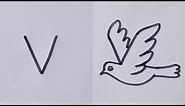 How to draw a Flying bird (Dove) Easy drawing step by step//Flying bird from letter V.
