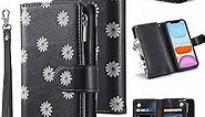 UEEBAI Wallet Case for iPhone 11 6.1 inch, Premium Vintage PU Leather Magnetic Closure Handbag Zipper Pocket Case Kickstand Card Slots with Wrist Strap Shockproof Flip Case - Daisy Black
