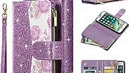 UEEBAI Wallet Case for iPhone 7 Plus/iPhone 8 Plus, Glitter PU Leather Magnetic Closure Handbag Zipper Pocket Case Kickstand Card Holder Slots with Wrist Strap TPU Shockproof Flip Cover - Bling Purple