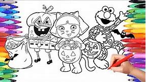 Spongebob Dora and Elmo Halloween Costumes Party Coloring Pages for Kids | Colorful Coloring Video