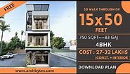 15x50 House Design 3D | 750 Sqft | 83 Gaj | 4 BHK | Modern Design | Terrace Garden | 4x15 Meters
