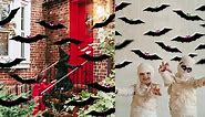 16 PCS Halloween Decorations Outdoor, Green and Red Glowing 3D-Eyes Flying Hanging Bats Decor Outside, Decorative Black Bat Halloween Yard Signs for indoor, Wall, Tree, Front Porch and Lawn