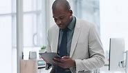 Tablet, happy and black man accountant laughing at funny social media meme