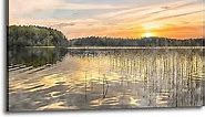 Nature Landscape Canvas Wall Art: Lake Sunset Scene Picture Scenery Painting Artwork Scenic Wilderness Print Decor for Living Room Bedroom 24’’ x 16’’