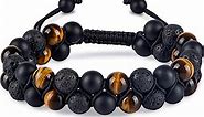 Triple Protection Bracelet for Men Women, Genuine Premium Tiger Eye Black Onyx and Lava Rock 8mm Handmade Bead Bracelet Healing Crystal Protection Bracelet Bring Luck and Prosperity and Happiness