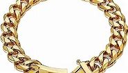 Gold Dog Chain Collar Walking Metal Chain Collar with Design Secure Buckle,18K Cuban Link Strong Heavy Duty Chew Proof for Medium Dogs(19MM, 14")