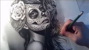 Sugar Skull Girl Portrait Speed Drawing - Semi Realistic Tattoo Design Portrait
