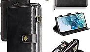 TwoHead for Samsung Galaxy S22+Plus Wallet Case, Multi-Function,Detachable 3 in 1 Magnetic,Flip Strap Zipper Card Holder Phone Case with Shoulder Straps (Black)