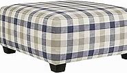 Benjara Checkered Fabric Upholstered Oversized Accent Ottoman, White and Blue