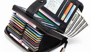 Sendefn Leather Credit Card Holder Wallet for Women RFID Blocking Bifold Zipper Card Case Organizer with Wristlet 32 Slots