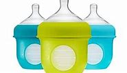 Boon Nursh Reusable Silicone Baby Bottles with Collapsible Silicone Pouch Design - Everyday Baby Essentials - Stage 1 Slow Flow Baby Bottles - Blue - 4 Oz - 3 Count