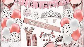 225 PC Rose Gold Birthday Party Decorations Kit for Girls, Teens, Women - Happy Birthday Banners, Curtains Table Runner Balloons, Sash Tiara Cake Topper Plates Cups Napkins Straws for 25 Guest & More