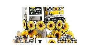 15 Pcs Sunflower Tiered Tray Decor Set Wooden Sunflower Ornament Rustic Sunflower Decorations Farmhouse Sunflower Sign for Gifting Table Home Decor