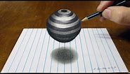 How to Draw Floating Striped Sphere - Drawing 3D Striped Ball on Lined Paper - By Vamos