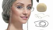 Old Lady Costume Set Grandma Wig Granny Wig Cap Madea Granny Glasses Eyeglass Chains Cords Faux Pearl Bead Necklace Old Lady Cosplay Set 5 Pieces (grey bun)