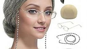 Old Lady Costume Set Grandma Wig Granny Wig Cap Madea Granny Glasses Eyeglass Chains Cords Faux Pearl Bead Necklace Old Lady Cosplay Set 5 Pieces (grey bun)