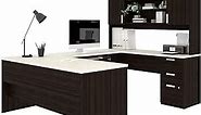 Bestar Ridgeley U-Shaped Executive Desk with Pedestal and Hutch, 65W, in White Chocolate | Multipurpose U Table Workstation for Home Office