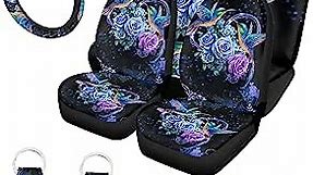 WELLFLYHOM Hummingbird Car Seat Cover Full Set with Steering Wheel Covers for Women,Purple Car Accessories Seat Belt Pads,Rose Birds Cup Coaster,Keychain,Universal Fit Front Rear Seats Protectors