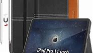 iPad Pro 11 Inch Case 2021 (3rd Gen) / 2020 (2nd Gen) / 2018 (1st Gen) with Pencil Holder, Handle, Wallet Pocket, Stand, Auto Wake/Sleep PU Leather Soft TPU Cover, Denim Black/Brown