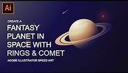 Planet Saturn in Space with Rings & Comets Illustration, Adobe Illustrator SPEED ART