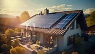 Photovoltaic panels on the roof . Roof Of Solar Panels. View of solar panels (solar cell) in the roof house with sunlight