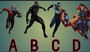 Marvel Cinematic Universe superhero AVENGERS character names in alphabetical order