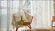 VISIONTEX White Sheer Voile Curtains Loop Embroidered, Decorative Grey Leaves Embroidery Faux Linen, Rod Pocket Window Drapes for Rustic Farmhouse Bedroom 54 x 63 Inch, Set of 2 Panels