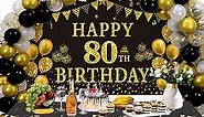 Trgowaul 80th Birthday Decorations Men Women - Black Gold Happy 80 Birthday Backdrop Banner, 2 Pcs Happy Birthday Tablecloth, 60 Pcs Latex Confetti Balloons, 80 Years Old Birthday Party Supplies Gifts