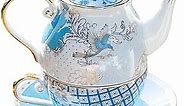 ACMLIFE Tea for One Teapot and Cup Set, Bone China Teapot Set, Blue Vintage Floral China Tea Set, Gold Floral Ceramic Teapot, Tea for One Gift Adults (Light blue)