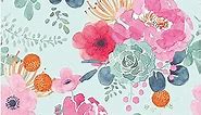 HAOKHOME 93005-3 Peony Peel and Stick Floral Wallpaper Removable Teal Blue/Pink/Grey Vinyl Cabinet Self Adhesive Shelf Liner 17.7in x 9.8ft