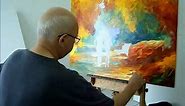 Artist Leonid Afremov painting an oil painting on canvas with a palette knife, October 26th, 2011
