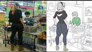 tall lady shopping but it's animated