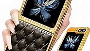 Shorogyt for Samsung Galaxy Z Flip 5 Case, Luxury Leather Diamond Z Flip 5 Cases for Women Girls, Elegant Girly Glitter Bling Rhinestone Soft Rhomboid PU & Hard PC Plated Phone Case for Flip 5 Black