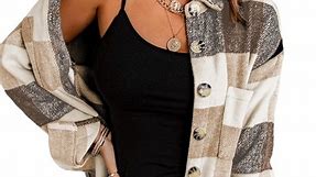 Eytino Women Plaid Shacket Jacket Flannel Button Down Jacket Long Sleeve Lapel Pocket Plaid Shirt Coat 2XL Brown