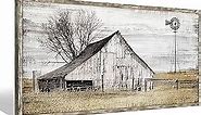 Farmhouse Framed Wall Art Picture: Rustic Barn Farm Wood Artwork Decor Large Country Landscape Windmill Print Horizontal Panoramic Countryside Rural Nature Scene Painting for Living Room Bedroom