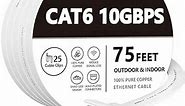 Cat 6 Ethernet Cable 75 ft, Outdoor&Indoor, 10Gbps Support Cat8 Cat7 Network, long Flat Internet LAN Patch Cord, Cat6 Solid High Speed weatherproof Cable for Router, Modem, PS4/5, Xbox, Gaming, White