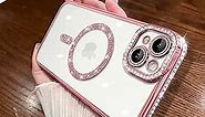 MZELQ Compatible with iPhone 15 Plus Case Plating Electroplate Magnetic [Support for Magsafe] Bling Glitter Sparkly Diamond Camera Lens Cover Crystal Matte Luxury Case for Girls Women -Pink