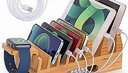 Bamboo Charging Station Organizer for Multiple Devices & Wood Desktop Docking Charging Stand Such As Cell Phone, Tablets, Phone Case and Watch Stand - Pezin & Hulin(No USB Charger)