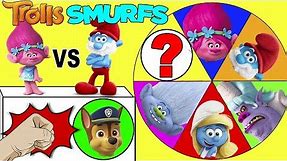 Smurfs Movie vs Trolls Mega Wheel Game - Papa Smurf and Poppy Spin the Wheel | Ellie Sparkles