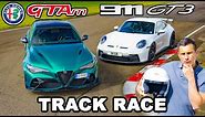 New Alfa Giulia GTAm v Porsche 911 GT3: TRACK RACE & 0-100mph-0 test!