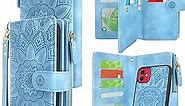 Harryshell Detachable Magnetic Zipper Wallet Leather Case Cash Pocket with Card Slots Holder Wrist Strap for iPhone 11 6.1 inch 2019 Floral Flower (Sky Blue)